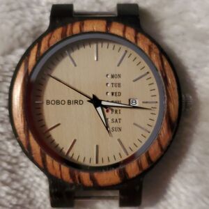 BoboBird Wooden Mens Watch With Date & Day‎ Needs Band Clasp Works New Battery